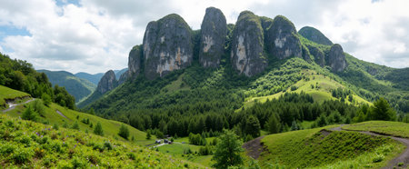 Panoramic view of the mountains in the summer, Romania.の素材