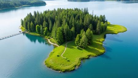Aerial view of beautiful lake with green grass and pine trees.の素材