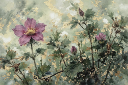 Watercolor illustration of anemone flowers on a grunge backgroundの素材
