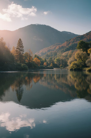 Landscape of Loch Lomond in Scotland with mountains in the backgroundの素材
