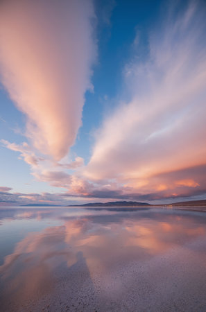 Sunset over the lake with clouds reflected on the water surface.の素材