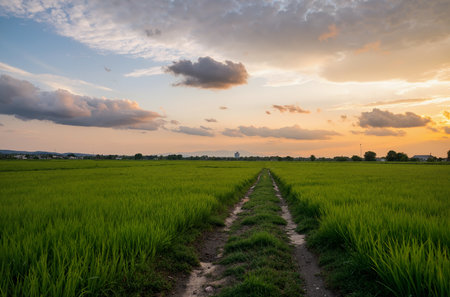 Rice field in countryside of thailand at sunset with sky backgroundの素材