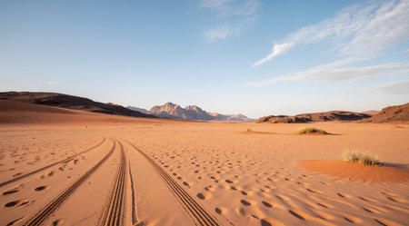 Tire tracks in the sand dunes of Wadi Rum, Jordanの素材