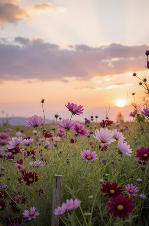 Cosmos flowers blooming in the garden with beautiful sunset background.の素材