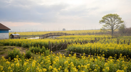 Landscape view of a blooming rape field with a wooden bridgeの素材