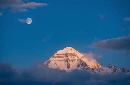 Moon rising over the Himalayas, Annapurna Circuit, Nepalの素材
