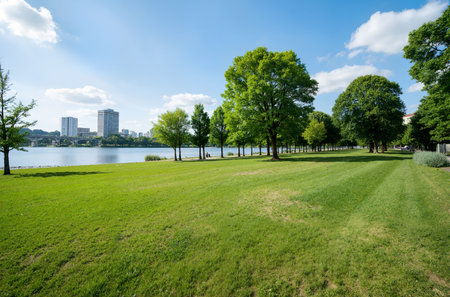 Beautiful city park with green grass, trees and blue sky.の素材