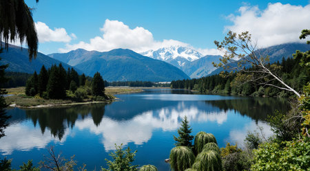 Natural landscape of New Zealand alps and lake with reflection in waterの素材