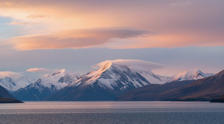 Patagonia landscape with snow covered mountains and lake at sunset timeの素材