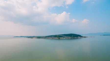 Aerial view of the sea and islands in the morning with clouds.の素材