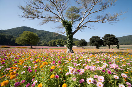 Colorful flower field with a tree and mountain in the background.の素材