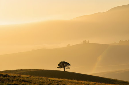 Lonely tree on the hill in the morning light, New Zealandの素材