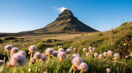 Panoramic view of Kirkjufell mountain and meadow in Icelandの素材