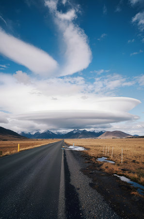 Icelandic landscape with asphalt road and blue sky with white cloudsの素材