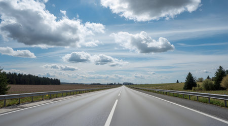 Asphalt road through the countryside with clouds in the blue sky.の素材