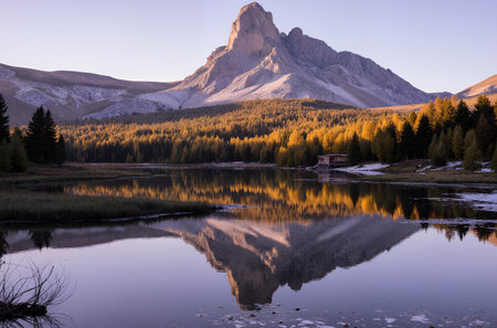 Mountain lake in the Dolomites at sunrise, Italy.の素材