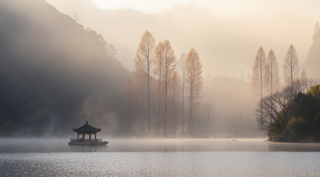 Landscape view of a foggy lake in Hangzhou, Chinaの素材