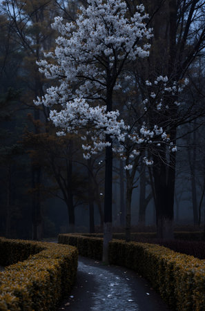 Cherry blossom trees in a park in the misty morningの素材