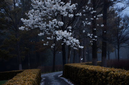 Sakura trees in the park with fog in the morning, South Koreaの素材