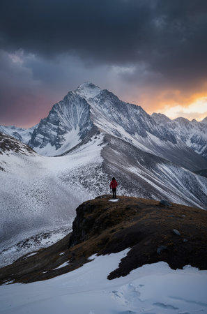 Hiker in Himalaya mountains at sunset, Ladakh, Indiaの素材