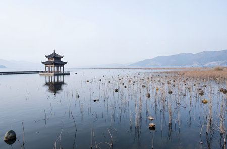 Landscape view of lake and pavilion in Hangzhou, Chinaの素材