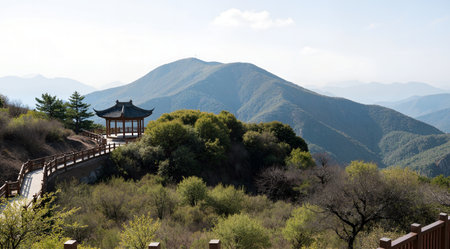 Mountain landscape with pavilion in Gyeongju, Koreaの素材