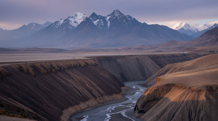 Landscape view of Pamir mountains at sunset, Tajikistanの素材
