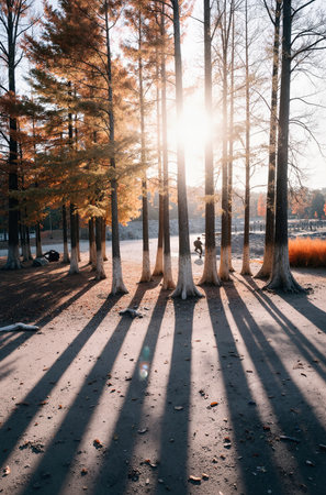 Sunset in the park with trees and shadows on the ground.の素材