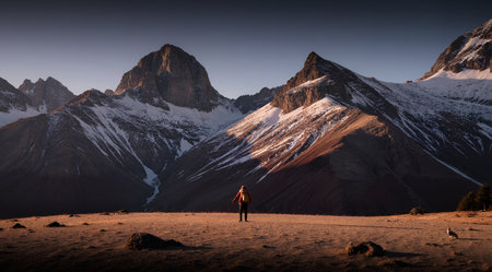 Hiker in the mountains at sunset. Cordillera Blanca, Peruの素材