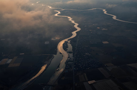 Aerial view of river and cloud in the morning, Thailand.の素材