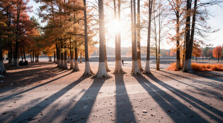 Sunset in the autumn park with shadows of trees on the groundの素材