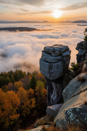 Autumn landscape with fog and rocks in Saxon Switzerland National Park, Germanyの素材