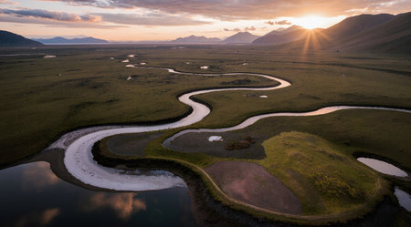 Aerial view of a small river in the grasslands of Icelandの素材