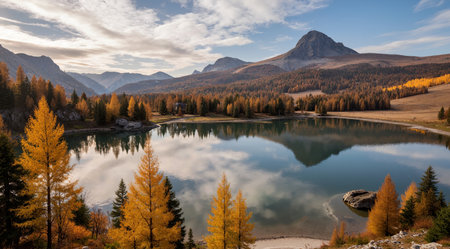 Autumn alpine lake with yellow larches in Dolomites, Italyの素材