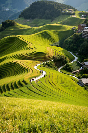 Green Terraced Rice Field in Pa Pong Piang, Chiang Mai, Thailandの素材