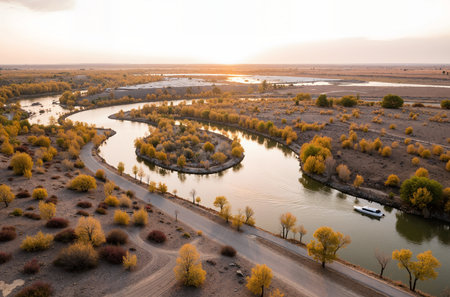 Aerial view of a small river in the middle of the steppe.の素材