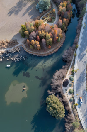 Aerial view of lake and forest in autumn season. Drone photography.の素材