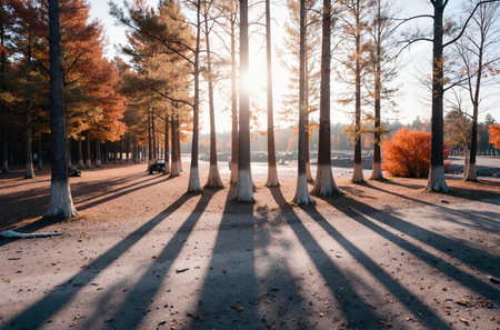 Sunset in the park with shadows on the trees and sun raysの素材