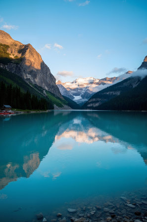 Lake Louise, Banff National Park, Alberta, Canada. Reflection in waterの素材