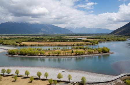 Landscape view of the river and mountains in Tibet, China.の素材
