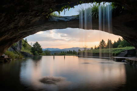 Sunset view of a beautiful waterfall in the Carpathian mountainsの素材