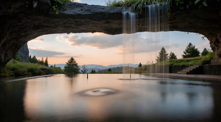 Landscape with a waterfall in the middle of a lake at sunsetの素材