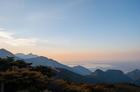 Mountain landscape at sunset, view from the top of the mountainの素材