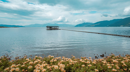Landscape view of the lake and the old wooden bridge with flowers.の素材