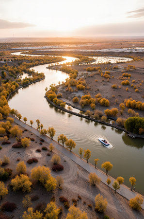 Aerial view of the Danube Delta at sunset, Romania.の素材