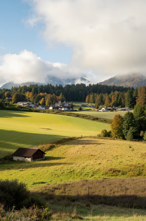 Autumn alpine landscape with small village in the Swiss Alps, Switzerlandの素材