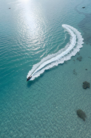 Aerial view of a jet ski in the sea, Thailand.の素材