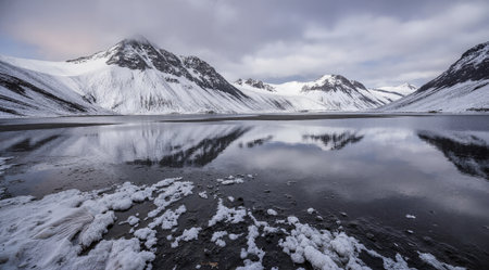 Beautiful winter landscape with snow covered mountains and lake in Iceland.の素材