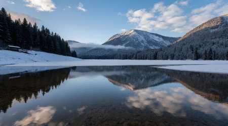 Beautiful winter landscape with snow covered mountains and lake in Carpathian mountainsの素材