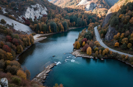Landscape view of a mountain lake in the autumn season. View from above.の素材
